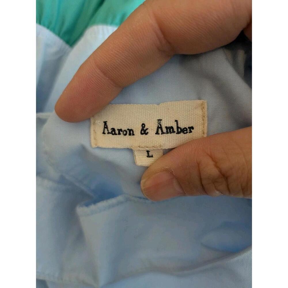 AARON & AMBER Color Block Tiered Mini Dress Blue Teal Green Puff Sleeve Size L - Picture 7 of 8